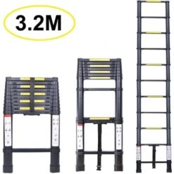 Échelle Télescopique 3.2M, Extensible Ladder Aluminium Échelle Multi-Fonction, Charge Max 150KG, Tout Noir