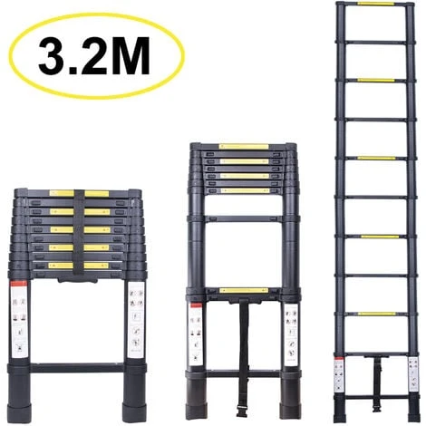 Échelle Télescopique 3.2M, Extensible Ladder Aluminium Échelle Multi-Fonction, Charge Max 150KG, Tout Noir