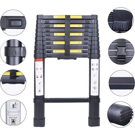 Échelle Télescopique 3.2M, Extensible Ladder Aluminium Échelle Multi-Fonction, Charge Max 150KG, Tout Noir – Image 2