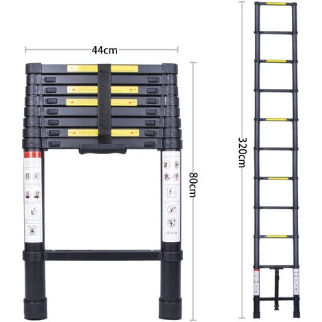 Échelle Télescopique 3.2M, Extensible Ladder Aluminium Échelle Multi-Fonction, Charge Max 150KG, Tout Noir – Image 4