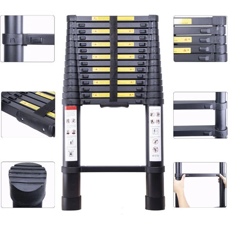 Échelle Télescopique 3.8M, Extensible Ladder Aluminium Échelle Multi-Fonction, Charge Max 150KG, Tout Noir – Image 2