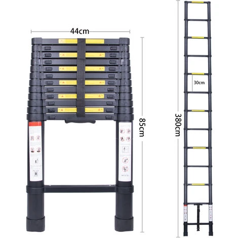 Échelle Télescopique 3.8M, Extensible Ladder Aluminium Échelle Multi-Fonction, Charge Max 150KG, Tout Noir – Image 4