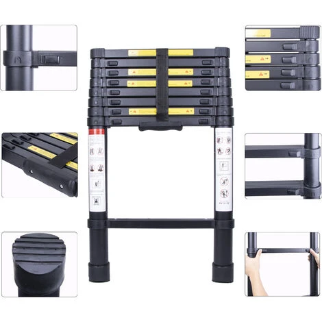 Échelle Télescopique 2.6M, Extensible Ladder Aluminium Échelle Multi-Fonction, Charge Max 150KG, Tout Noir – Image 2