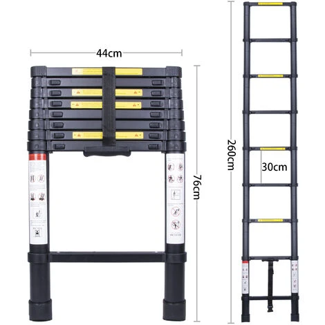 Échelle Télescopique 2.6M, Extensible Ladder Aluminium Échelle Multi-Fonction, Charge Max 150KG, Tout Noir – Image 4
