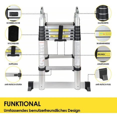 VINGO Échelle Télescopique, Escabeau, échelle Polyvalente, échelle Pliante Jusqu'à 150kg, échelle Multifonctions Aluminium 2,5+2,5m, 5m – Image 2