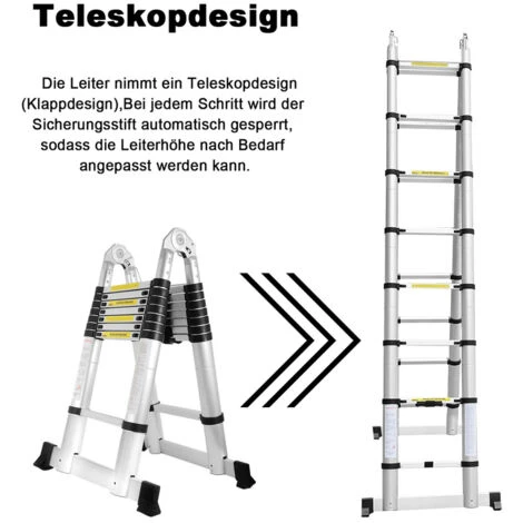 VINGO Échelle Télescopique, Escabeau, échelle Polyvalente, échelle Pliante Jusqu'à 150kg, échelle Multifonctions Aluminium 2,5+2,5m, 5m – Image 4