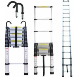 6.2M Échelle Télescopique Avec 2 Crochets Amovibles Portable Échelle Pliant En Aluminium Telescopic Ladder EN131 Pour Attic / Grenier 150kg Charge (Couleur D'origine Argent)