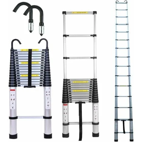 6.2M Échelle Télescopique Avec 2 Crochets Amovibles Portable Échelle Pliant En Aluminium Telescopic Ladder EN131 Pour Attic / Grenier 150kg Charge (Couleur D'origine Argent)