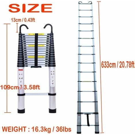 6.2M Échelle Télescopique Avec 2 Crochets Amovibles Portable Échelle Pliant En Aluminium Telescopic Ladder EN131 Pour Attic / Grenier 150kg Charge (Couleur D'origine Argent) – Image 2