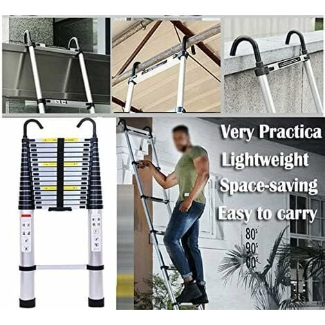 6.2M Échelle Télescopique Avec 2 Crochets Amovibles Portable Échelle Pliant En Aluminium Telescopic Ladder EN131 Pour Attic / Grenier 150kg Charge (Couleur D'origine Argent) – Image 3