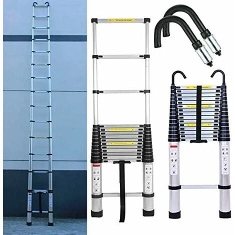 6.2M Échelle Télescopique Avec 2 Crochets Amovibles Portable Échelle Pliant En Aluminium Telescopic Ladder EN131 Pour Attic / Grenier 150kg Charge (Couleur D'origine Argent) – Image 5