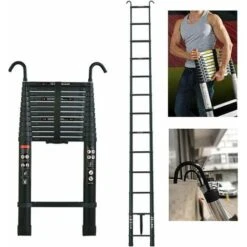 6M Échelle Télescopique Échelle Pliable Multifonction Echelle De Toit De Grenier Avec Crochet De Suspension, Aluminium, Noir , Telescopic Ladder-6.2m