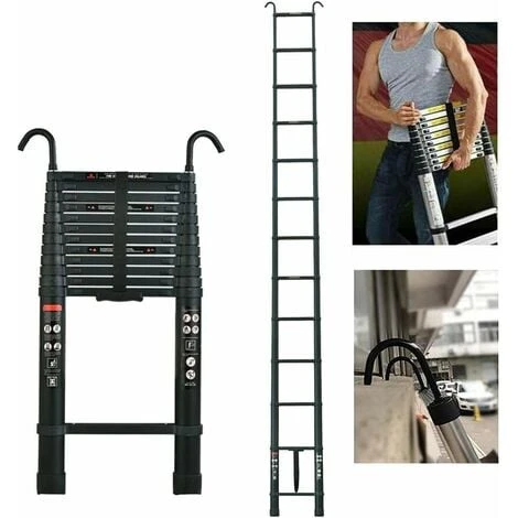 6M Échelle Télescopique Échelle Pliable Multifonction Echelle De Toit De Grenier Avec Crochet De Suspension, Aluminium, Noir , Telescopic Ladder-6.2m
