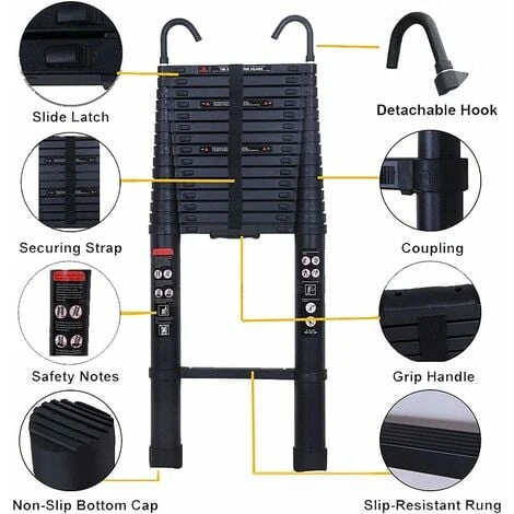 6M Échelle Télescopique Échelle Pliable Multifonction Echelle De Toit De Grenier Avec Crochet De Suspension, Aluminium, Noir , Telescopic Ladder-6.2m – Image 2
