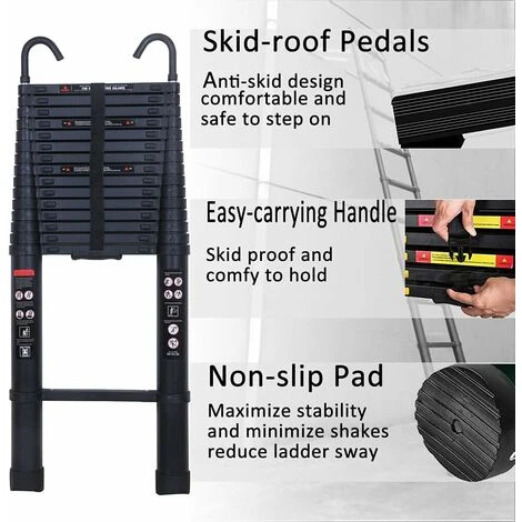 6M Échelle Télescopique Échelle Pliable Multifonction Echelle De Toit De Grenier Avec Crochet De Suspension, Aluminium, Noir , Telescopic Ladder-6.2m – Image 3