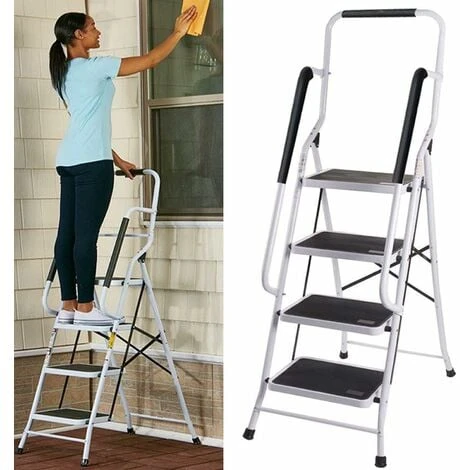 Escabeau Pliable à 4 Marches Avec Main Courante - Marches Pliables En Acier - Escabeau Pliant Antidérapant - Pour La Maison/cuisine/garage/bureau/entrepôt – Image 2