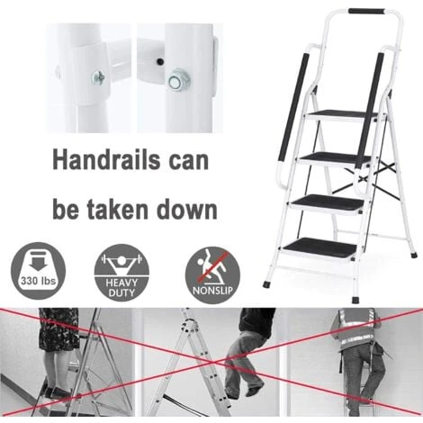 Escabeau Pliable à 4 Marches Avec Main Courante - Marches Pliables En Acier - Escabeau Pliant Antidérapant - Pour La Maison/cuisine/garage/bureau/entrepôt – Image 3