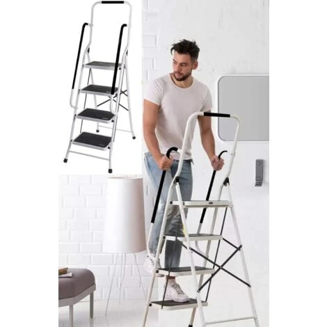 Escabeau Pliable à 4 Marches Avec Main Courante - Marches Pliables En Acier - Escabeau Pliant Antidérapant - Pour La Maison/cuisine/garage/bureau/entrepôt – Image 4