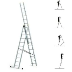 Echelle Transformable 3 Plans StablePro 3x11 Marches Aluminium Extensible Coulissante, 6 Positions, Hauteur Travail Max 6,31m, Garantie 5 Ans, Hostrom