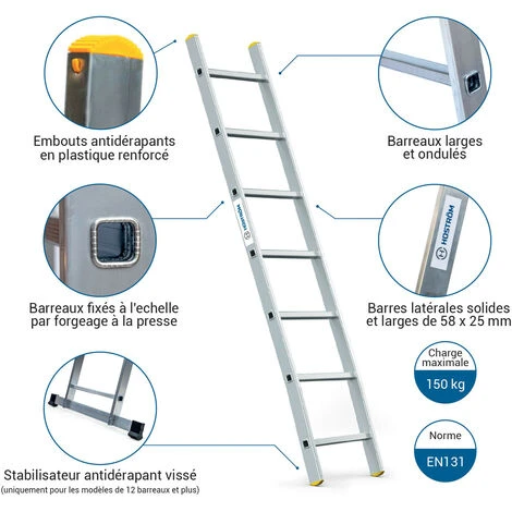 Echelle Simple StablePro 7 Marches En Aluminium, Légère Et Durable, Hauteur De Travail Maximale 2,95m, Garantie 5 Ans, Charge Maximale 150kg, Hostrom – Image 2