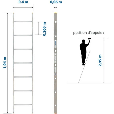 Echelle Simple StablePro 7 Marches En Aluminium, Légère Et Durable, Hauteur De Travail Maximale 2,95m, Garantie 5 Ans, Charge Maximale 150kg, Hostrom – Image 3