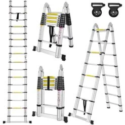 Froadp Échelle Pliante Télescopique, Multifonctionnelle Echelle Pliable En Aluminium (Argenté, 2.5m+2.5m)