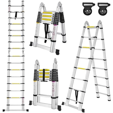 Froadp Échelle Pliante Télescopique, Multifonctionnelle Echelle Pliable En Aluminium (Argenté, 2.5m+2.5m)