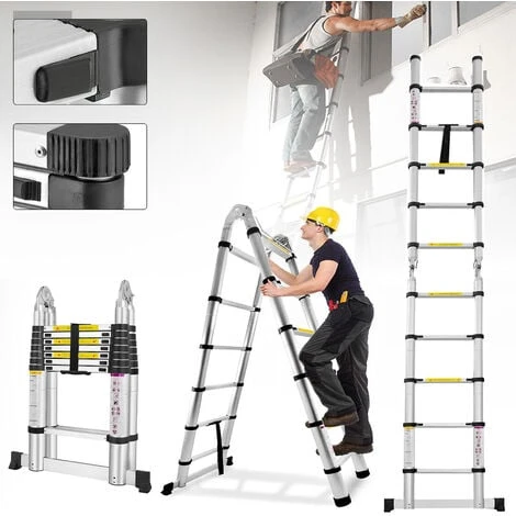Froadp Échelle Pliante Télescopique, Multifonctionnelle Echelle Pliable En Aluminium (Argenté, 2.5m+2.5m) – Image 3