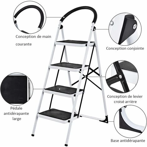 COSTWAY Escabeau Marches Pliant, Echelle Marchepied Antidérapant, Escabeau Ménager En Fer, 150kg Capacité, Environ 80CM, Blanc Noir (4 Marches) – Image 4