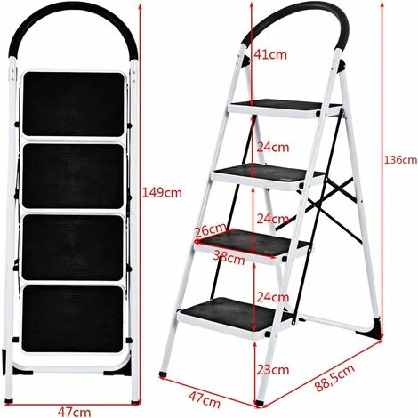 COSTWAY Escabeau Marches Pliant, Echelle Marchepied Antidérapant, Escabeau Ménager En Fer, 150kg Capacité, Environ 80CM, Blanc Noir (4 Marches) – Image 5