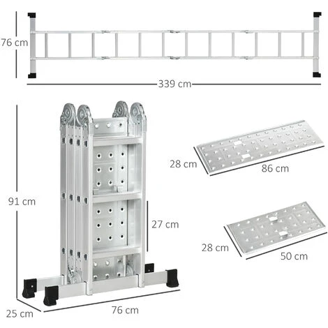 Echelle Aluminium Pliable Multifonction 5 Positions 3,39 M 12 échelons Certification NF EN131 Charge Max. 150 Kg – Image 3
