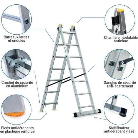 Echelle Transformable 2 Plans StablePro 2x7 Marches Aluminium Extensible Coulissante, 3 Positions, Hauteur Travail Max 4,25m, Garantie 5 Ans, Hostrom â Image 2
