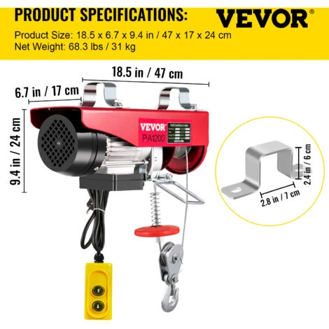 VEVOR Treuil Electrique PA1200, Palan 220 V, Telecommande Avec Un Cable De 1,5 M, Qualite Du Crochet Grande Capacite De Levage Durable Et Stable 2000W Efficace Protection De La Securite – Image 2