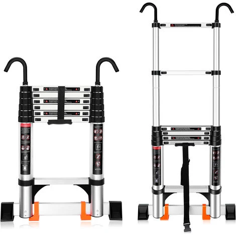 Échelle Télescopique Multifonctions Escabeau Escamotable Échelle De Toit Avec Crochet Support Mural En Aluminium - 2.0M