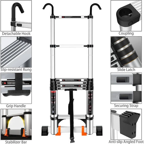 Échelle Télescopique Multifonctions Escabeau Escamotable Échelle De Toit Avec Crochet Support Mural En Aluminium - 2.0M – Image 2