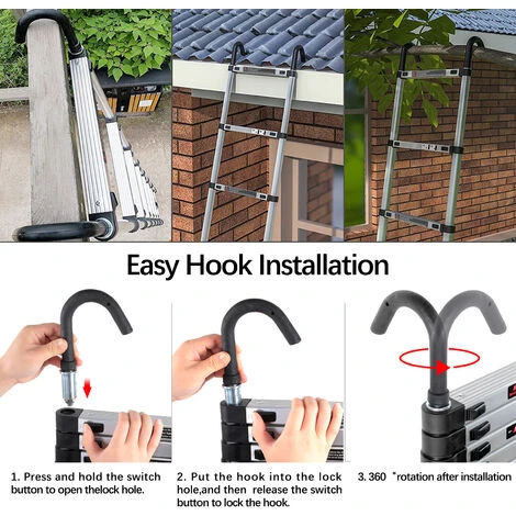 Échelle Télescopique Multifonctions Escabeau Escamotable Échelle De Toit Avec Crochet Support Mural En Aluminium - 2.0M – Image 4