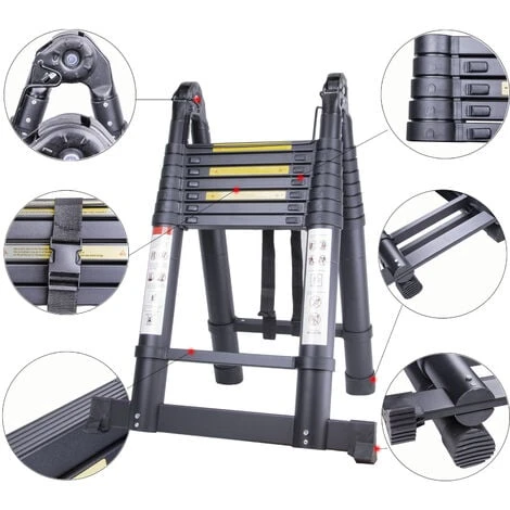 Échelle Télescopique Pliante Multi-Fonction Échelle Escamotable En Aluminium Polyvalente Professionnelle Portable Pliable Noir - 3.2M(1.6+1.6) – Image 3