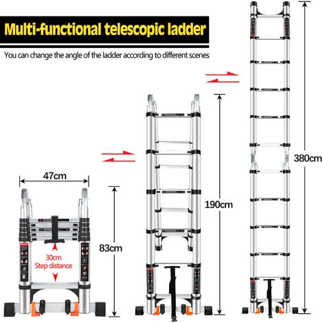 Échelle Télescopique Pliante Multi-Fonction Avec 2 Roulettes, Échelle Escamotable En Aluminium Polyvalente Professionnelle Portable Pliable Argenté - 3.8M(1.9+1.9) – Image 2