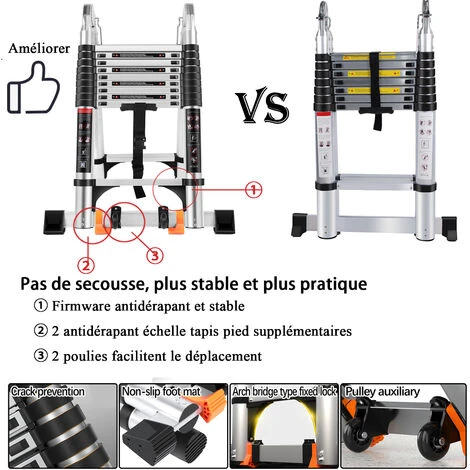 Échelle Télescopique Pliante Multi-Fonction Avec 2 Roulettes, Échelle Escamotable En Aluminium Polyvalente Professionnelle Portable Pliable Argenté - 3.8M(1.9+1.9) – Image 4