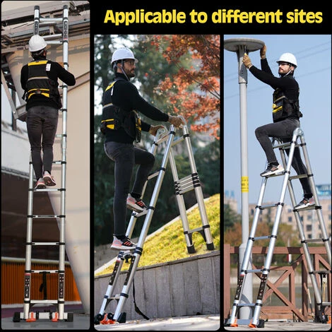 Échelle Télescopique Pliante Multi-Fonction Avec 2 Roulettes, Échelle Escamotable En Aluminium Polyvalente Professionnelle Portable Pliable Argenté - 3.8M(1.9+1.9) – Image 5