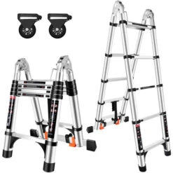 Échelle Télescopique Pliante Multi-Fonction Avec 2 Roulettes, Échelle Escamotable En Aluminium Polyvalente Professionnelle Portable Pliable Argenté - 3.2M(1.6+1.6)