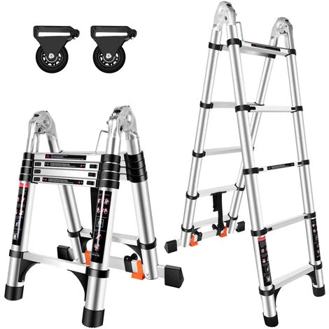 Échelle Télescopique Pliante Multi-Fonction Avec 2 Roulettes, Échelle Escamotable En Aluminium Polyvalente Professionnelle Portable Pliable Argenté - 3.2M(1.6+1.6)