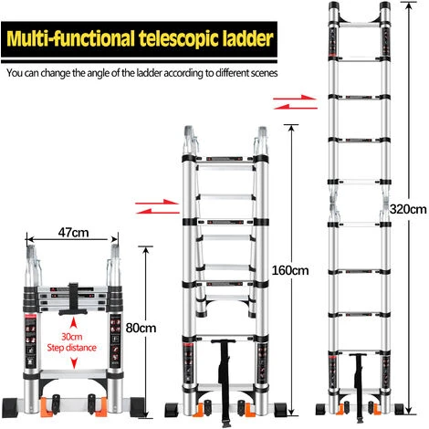 Échelle Télescopique Pliante Multi-Fonction Avec 2 Roulettes, Échelle Escamotable En Aluminium Polyvalente Professionnelle Portable Pliable Argenté - 3.2M(1.6+1.6) – Image 3