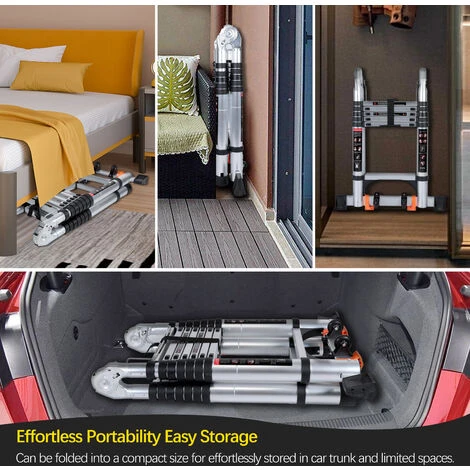 Échelle Télescopique Pliante Multi-Fonction Avec 2 Roulettes, Échelle Escamotable En Aluminium Polyvalente Professionnelle Portable Pliable Argenté - 3.2M(1.6+1.6) – Image 5