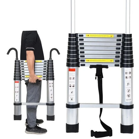 Echelle Télescopique Avec Crochet Escabeau Aluminium Argent 2,6m Avec Crochet