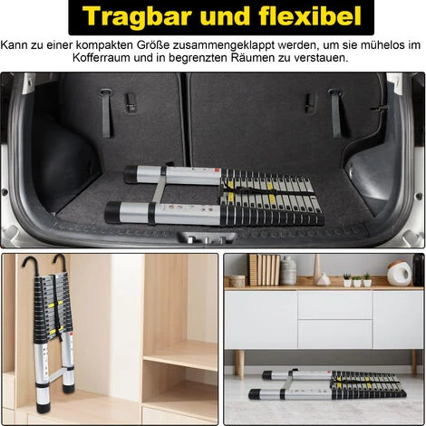 Echelle Télescopique Avec Crochet Escabeau Aluminium Argent 2,6m Avec Crochet – Image 2