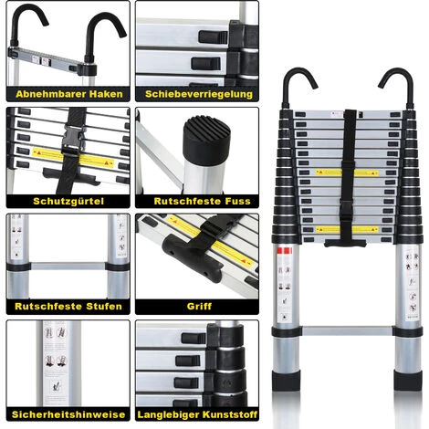 Echelle Télescopique Avec Crochet Escabeau Aluminium Argent 2,6m Avec Crochet – Image 3