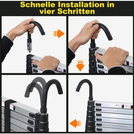 Echelle Télescopique Avec Crochet Escabeau Aluminium Argent 2,6m Avec Crochet – Image 4