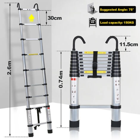 Echelle Télescopique Avec Crochet Escabeau Aluminium Argent 2,6m Avec Crochet – Image 5