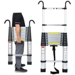 Echelle Télescopique Alu Escabeau Escamotable Echelle Coulissante Alu Jusqu'à 150 Kg Escabeau Stable Argent 3,2m Avec Crochet